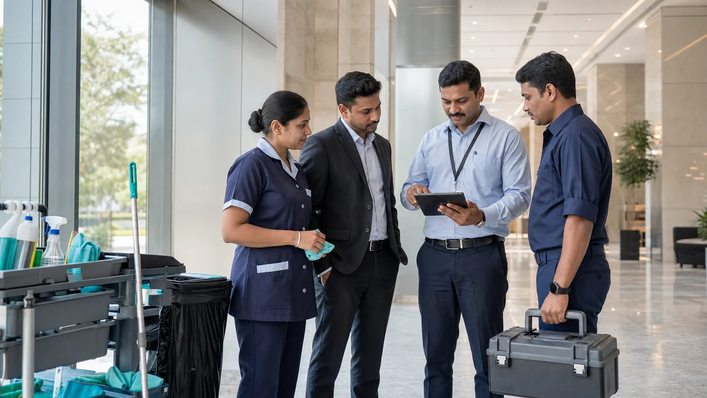 Facility supervisor planning site operations with the client and service team
