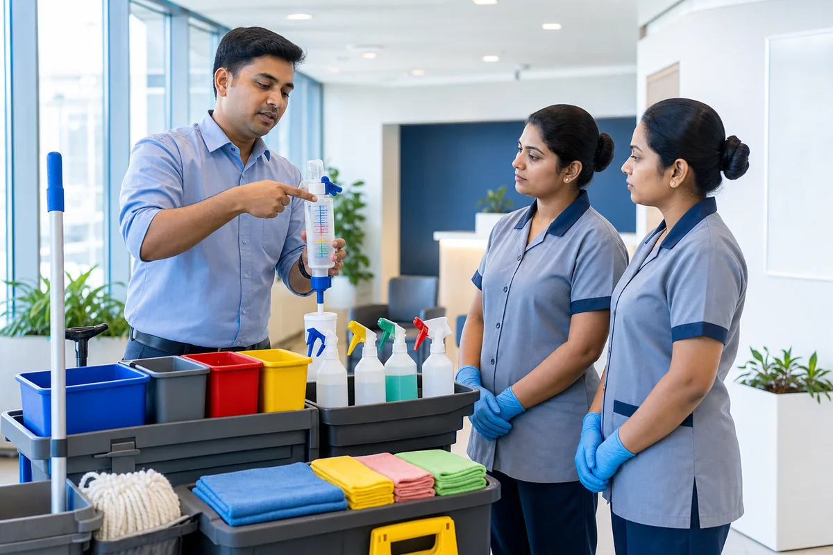 Facility trainer demonstrating safe cleaning preparation to housekeeping staff