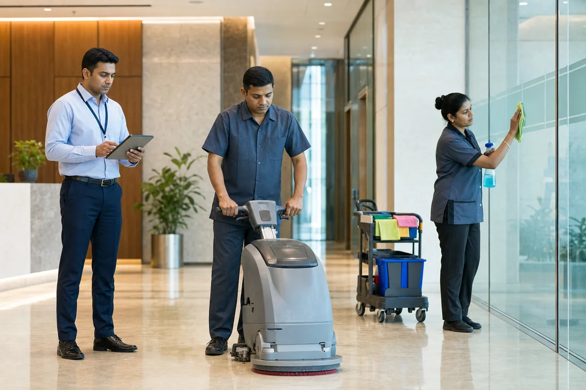 Trained housekeeping staff and a supervisor maintaining a modern office